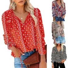 

Tops Women 2022 Women's Shirt Broken Flower Printed Chiffon Shirt V-Neck Long Sleeve T-shirt Women Blouse Casual Shirts