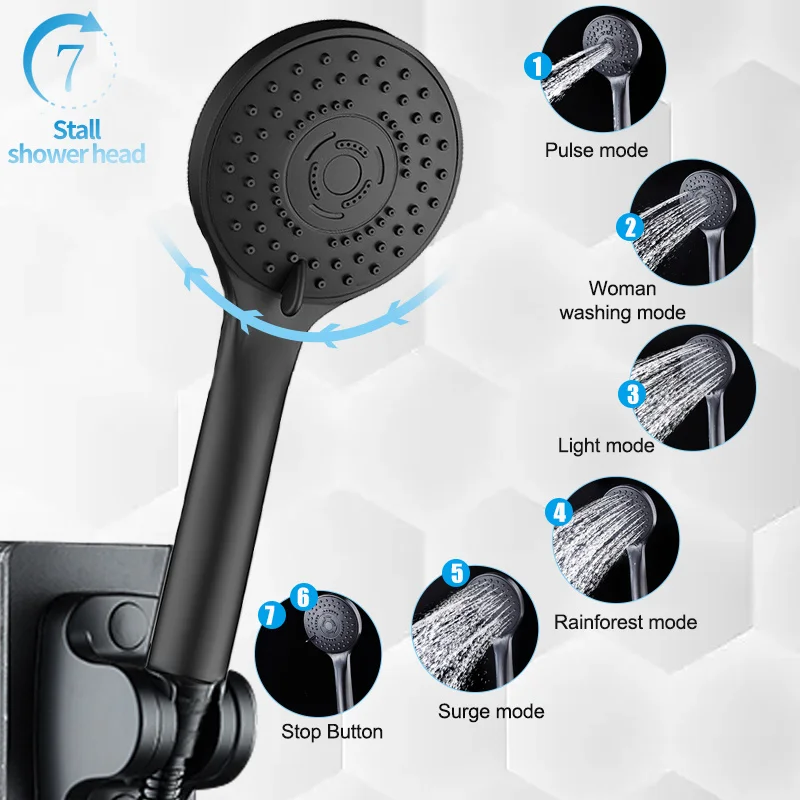 

EHEH Black Bath Shower Head 7 Modes Adjustable High Pressure Water Saving Handheld Showerhead Bathroom Accessories