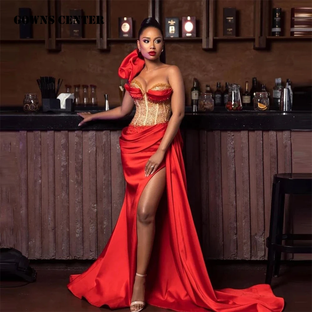 

Chic African Red Ruffled One Shoulder Evening Dress Mermaid Aso ebi High Slit Gold Beaded Sweetheart Corset Wedding Formal Dress
