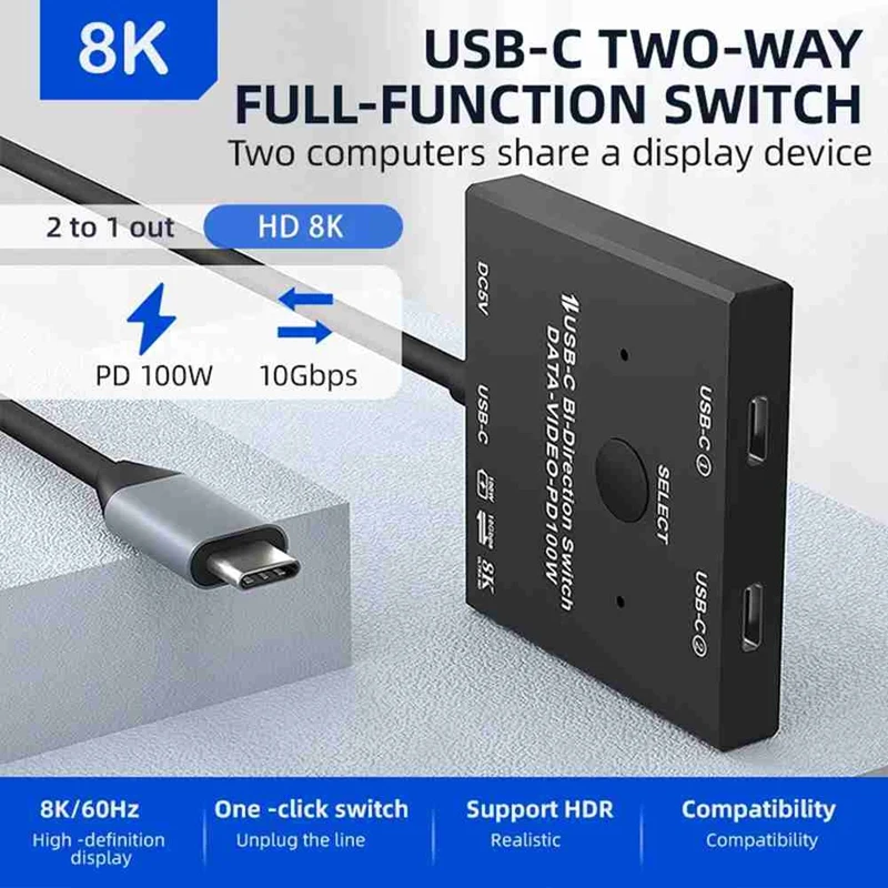 Bi-Directional 8K USB C KVM Switch USB3.1 Type-C Splitter Cable For Video 8K@30Hz 4K@120Hz PD 100W 10Gbps 2
