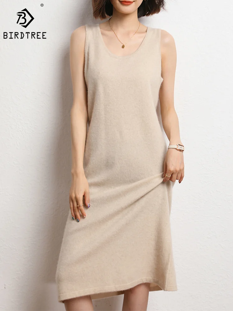 

Birdtree 65% Wool 35% Cashmere Knit Dresses U-neck Comfortable Soft Basic Vest Dress Autumn Winter Lining Sling Skirt D3N412QM