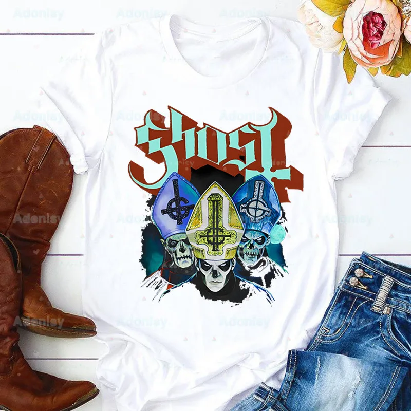 

Женская футболка Ghost Band Hard Rock, повседневные футболки с рисунком призрака из тяжелого металла, хипстерские женские рубашки с коротким рукавом, одежда