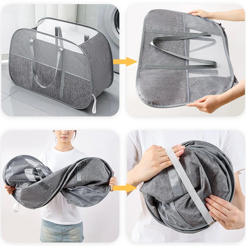 Folding Dirty Laundry Sorting Basket Bathroom 3 Grids Compartments Clothes Hampers Mesh Storage Bag Bucket Laundry Organizer