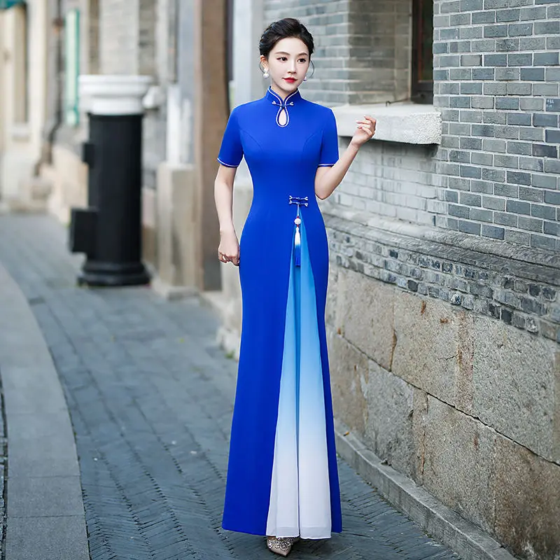Chinese Style Vintage Ao Dai Dress Women Sexy Hollow Out Qipao Dress Women Elegant Stage Performance Vintage Qipao Dress