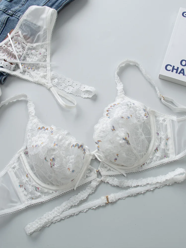

Cute brassiere non-sponge female lace thin mesh gathered underwear set romantic women push up lingiere panty embroidered bralett
