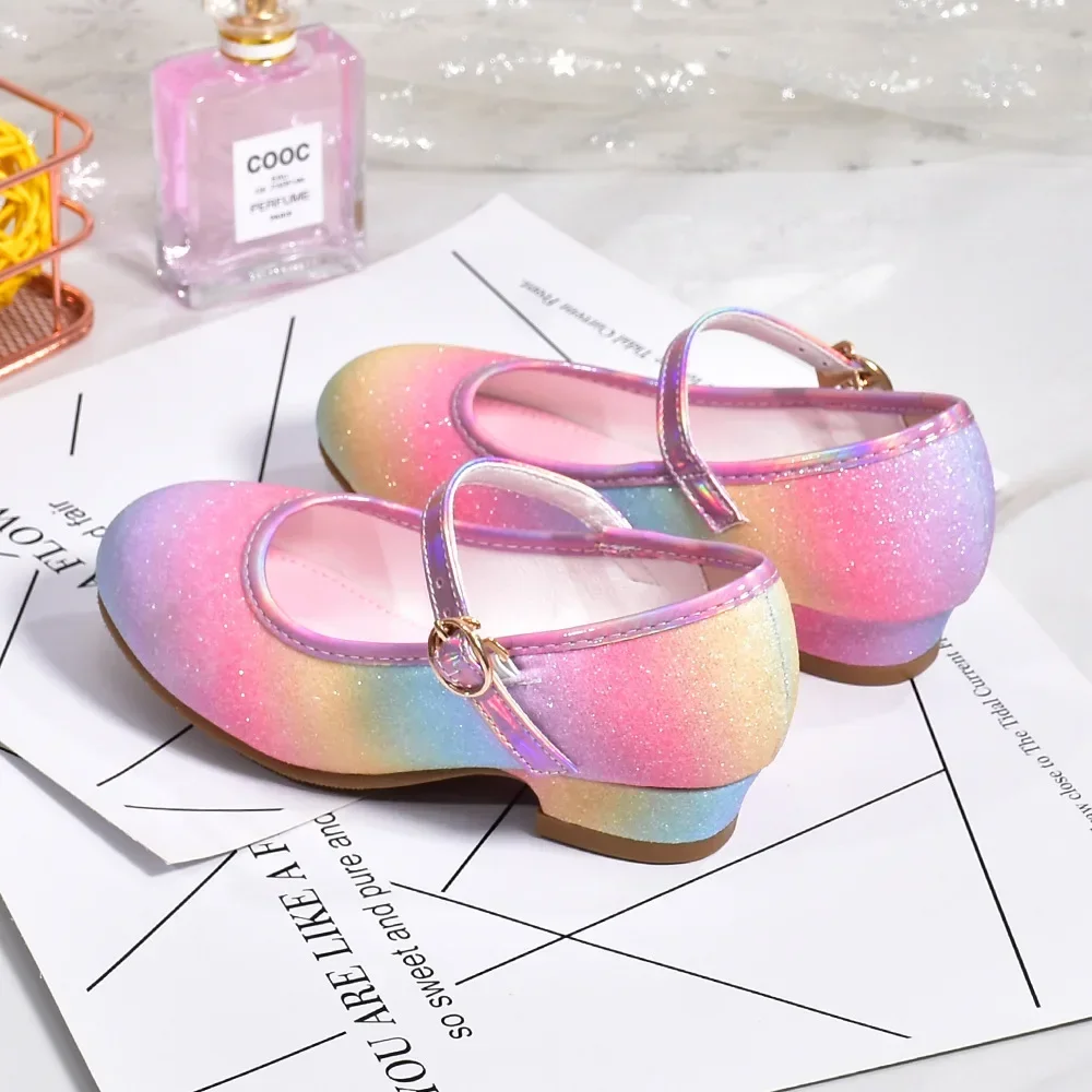 Princess Shoes for Girls Spring Autumn Glitter Fashion Kids Dress Leather Shoe Rainbow Sequins Children Party Wedding High Heels 4