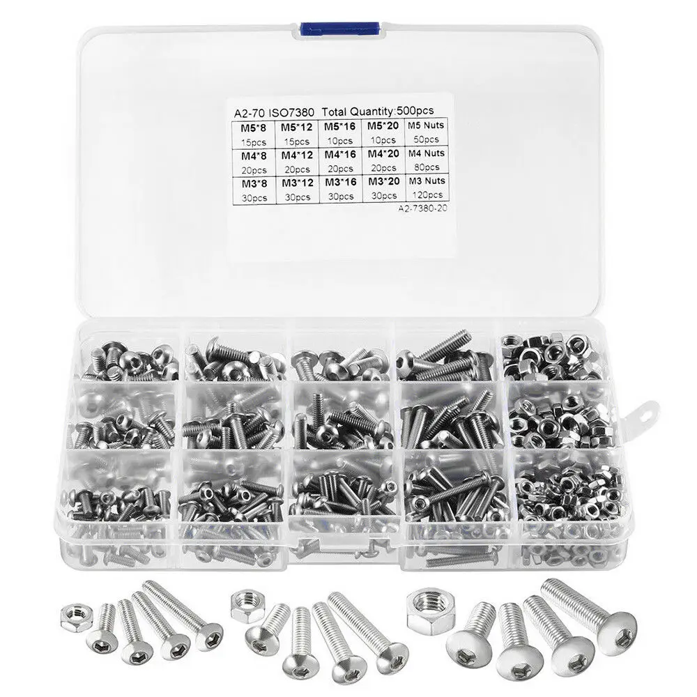 

500pcs M3 M4 M5 Hex Button Socket Head Cap Screw Nut Hexagon Metric Thread Machine Bolt Assortment Kit Set 304 Stainless Steel