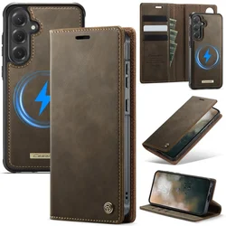 Magnetic Wireless Charging Leather Wallet Phone Case with Flip Cover - Samsung S24 (S25) (Coffee)