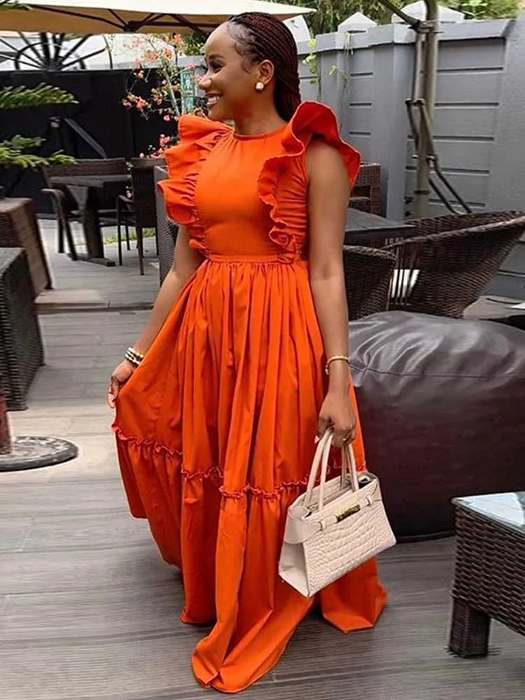 Long Summer Knitted Dress Ruffle Sleeves Casual Orange Dress