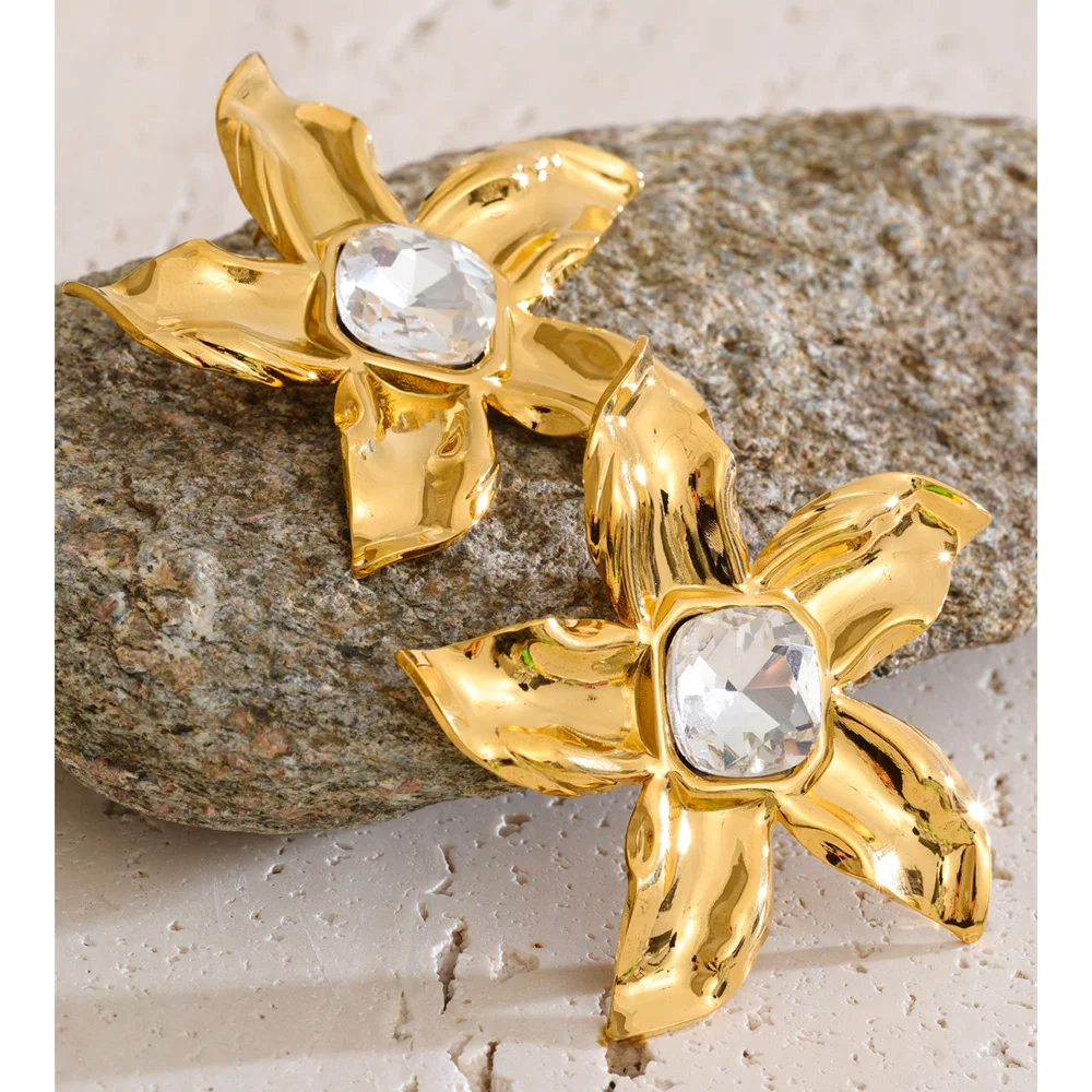Yhpup Stainless Steel Flower Crystal Stud Jewelry 18K Golden PVD Plated