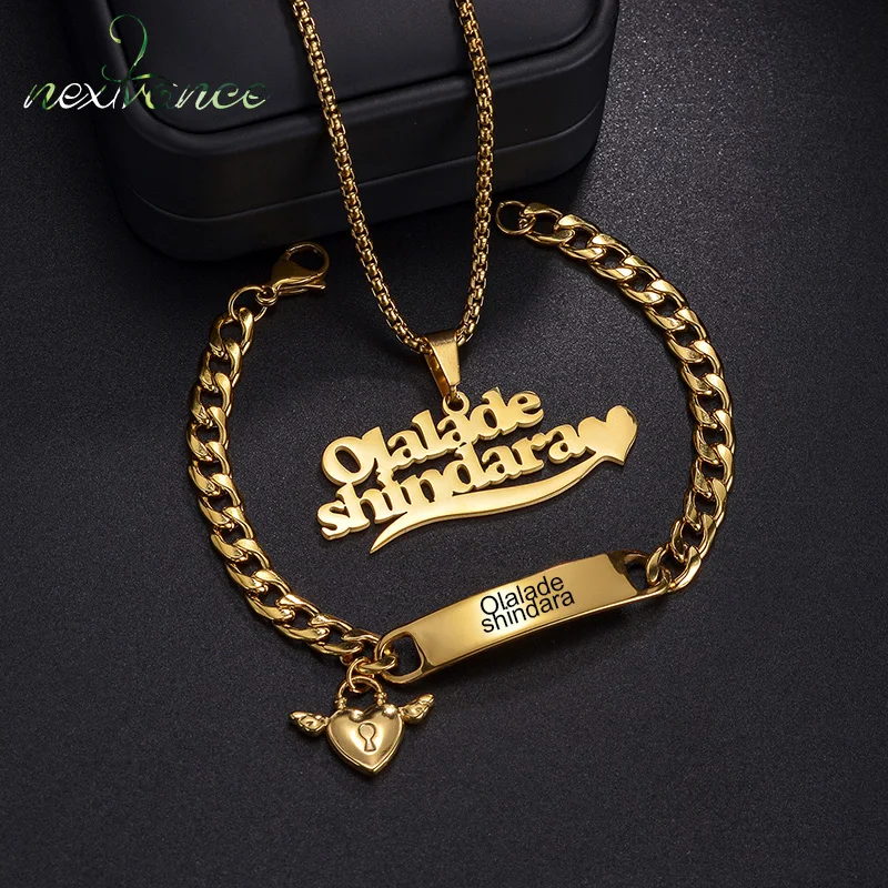 

Nextvance Customized Name Necklace Bracelet Heart Set Stainless Steel Engraved Personalized For Women Men Birthday Jewelry Gifts