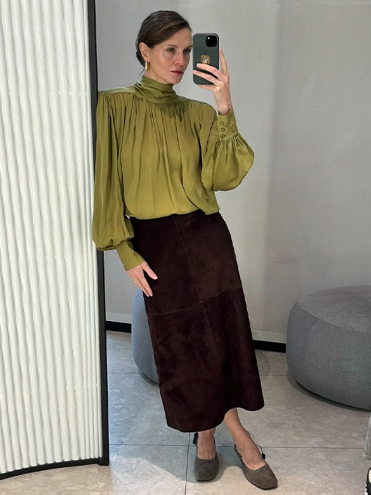 Rollkragen-Bluse mit Schnürung an den Schultern und Plissee für Damen, Langarm, Einfarbig, Figurbetont, Frühling-Sommer-Chic, Clubwear – Detail 11