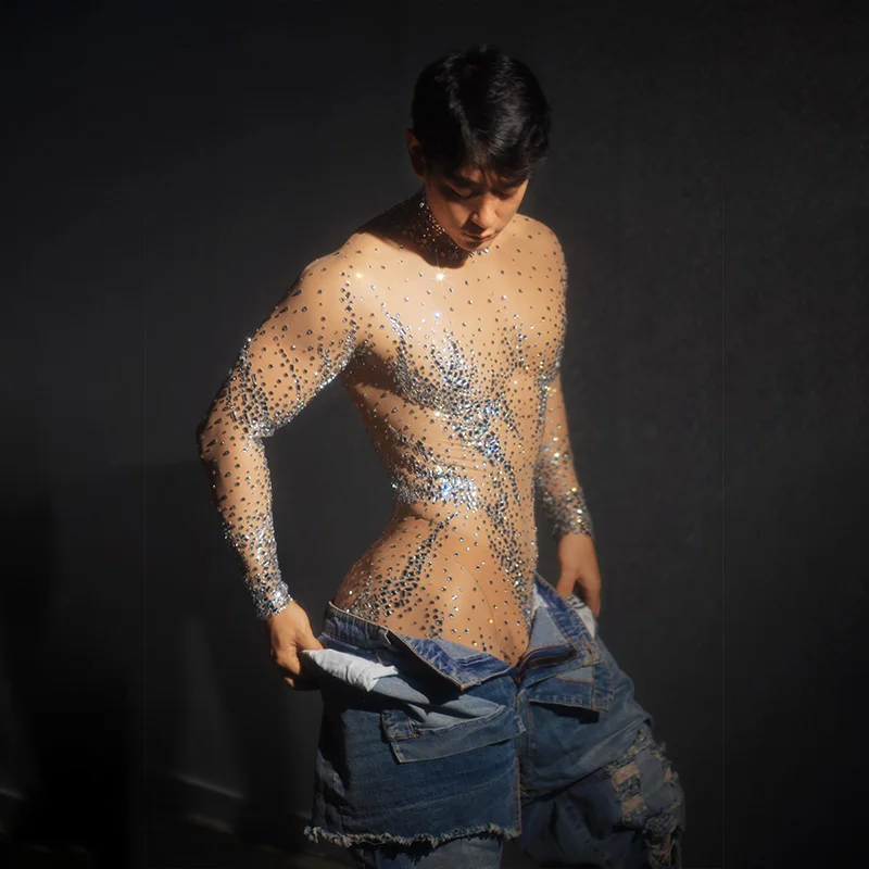sexy mesh see through rhinestones jumpsuit glitter gloved short bodysuit Team pole dance clothing club partyDS performance