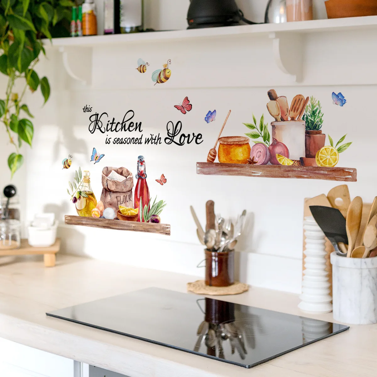 30*60cm English Kitchen Bee Butterfly Cartoon Wall Sticker Classic Background Wall Living Room Kitchen Home Decor Sticker wall stickers self adhesive stickers kitchen wall sticker