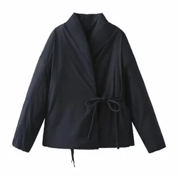 Elegant Gray V-Neck Cotton Lace-Up Coat with Pockets - Women's Chic Autumn Jacket - S (Black)