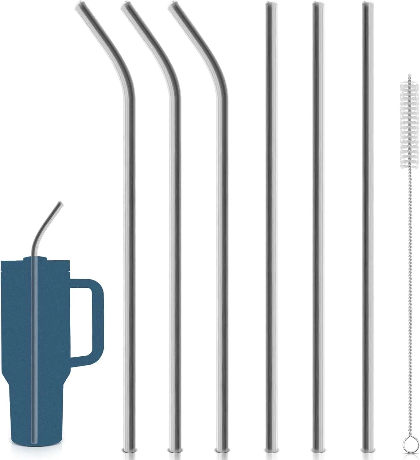 Substituição de canudo de aço inoxidável, 6 canudos de metal reutilizáveis com escova de limpeza, compatível com copo stanley de 30/40 onças