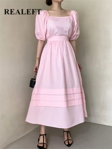 REALEFT Summer Puff Sleeve Women's A-Line Dresses Casual Loose Umbrella Dress Fashionable Female Sqaure Collar Dresses