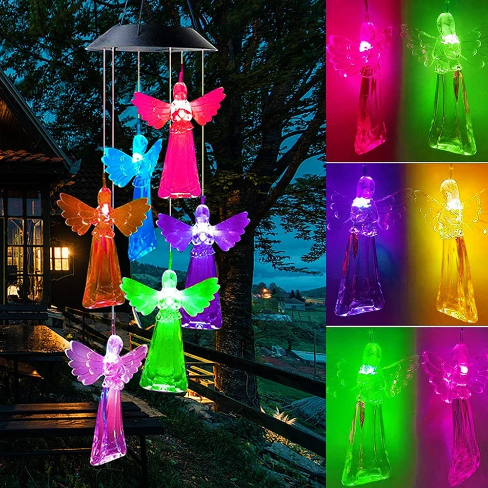 Color Changing Solar Power Wind Chime Hummingbird Angel Butterfly Waterproof Outdoor Decoration Light for Patio Yard Garden solar lights Solar Lamps