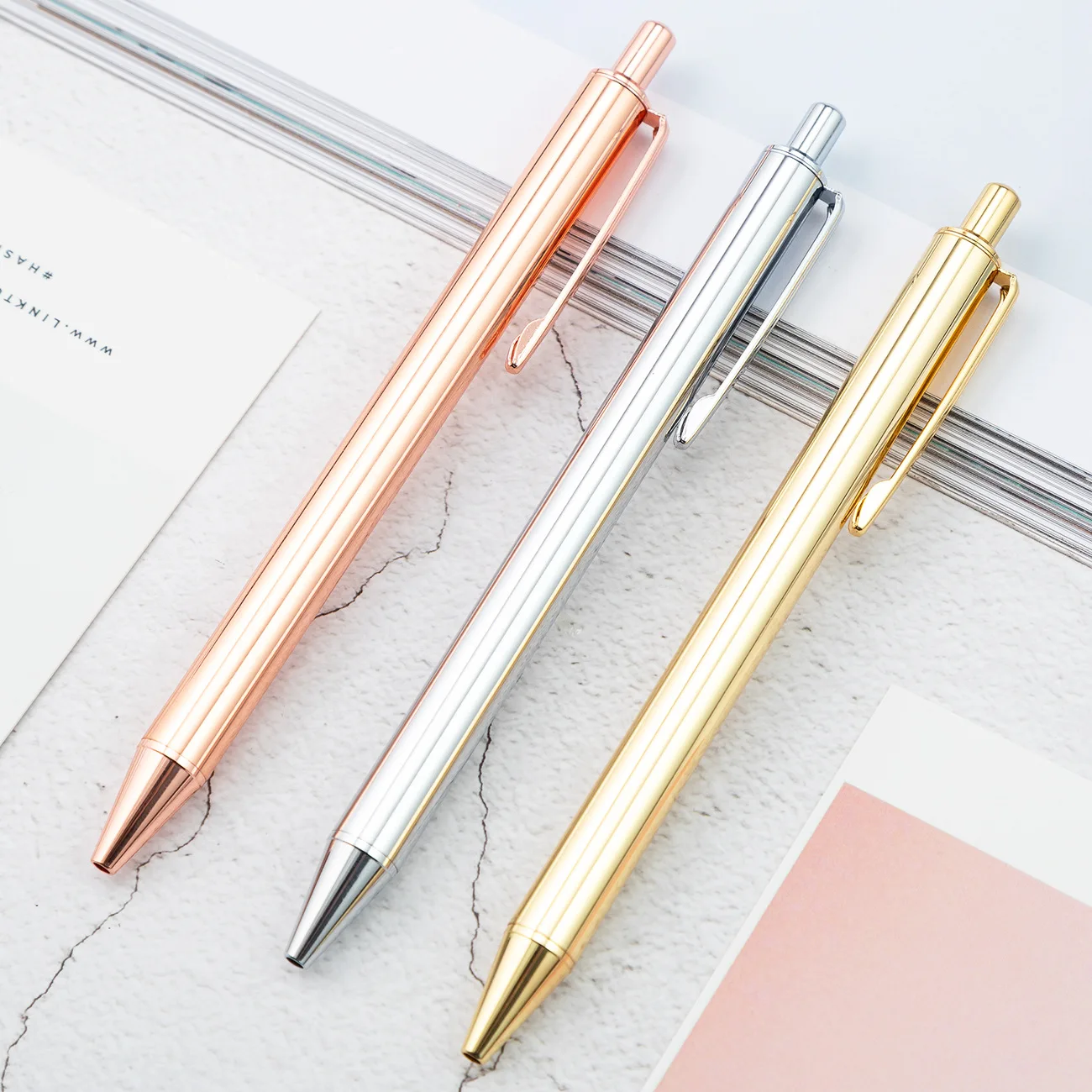 

30PCS Metal Pens Stationery Electroplated Rose Gold Press Ball Pen Gift