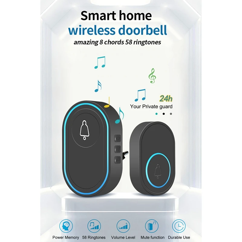 스마트 홈 웰컴 차임 문짝, LED 라이트, 플래시 보안 경보, EU 플러그, AT14 무선 초인종, 433Mhz