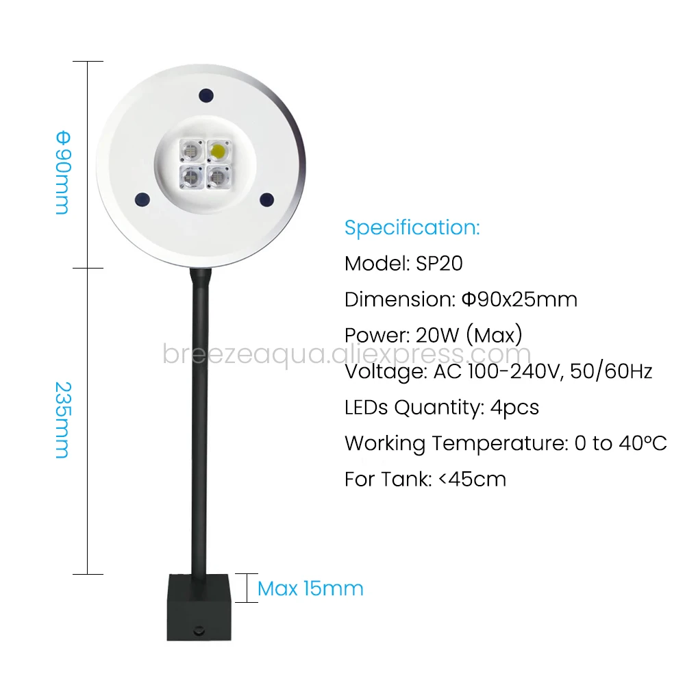Spectra SP20 110-240V 20W Freshwater Refugium Saltwater Coral Reef Marine LED Aquarium Light for Nano Fish Tank