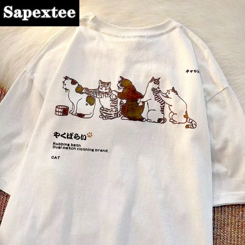 T-shirt Womens Fresh Couple Y2k Harajuku Cartoon Cute Cat Print O