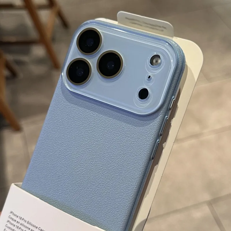 Elegant Leather Texture Silicone Case with Glass Camera Lens Protection - Shockproof Cover