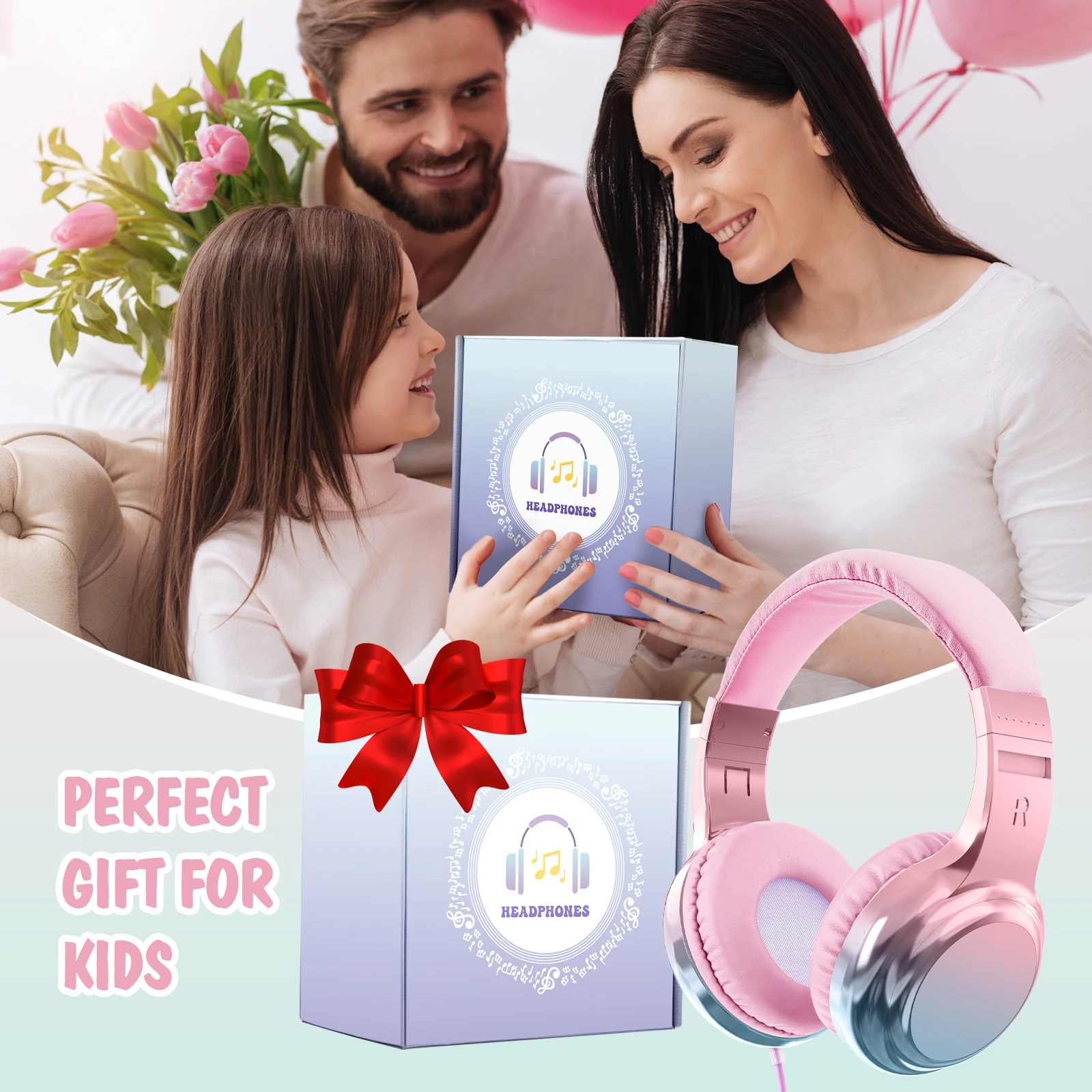 Écouteurs filaires pliables en cuir rose pour enfants, écouteurs stéréo, suppression du bruit, micro pour ordinateur portable, TV, cadeaux de Noël pour enfants, filles