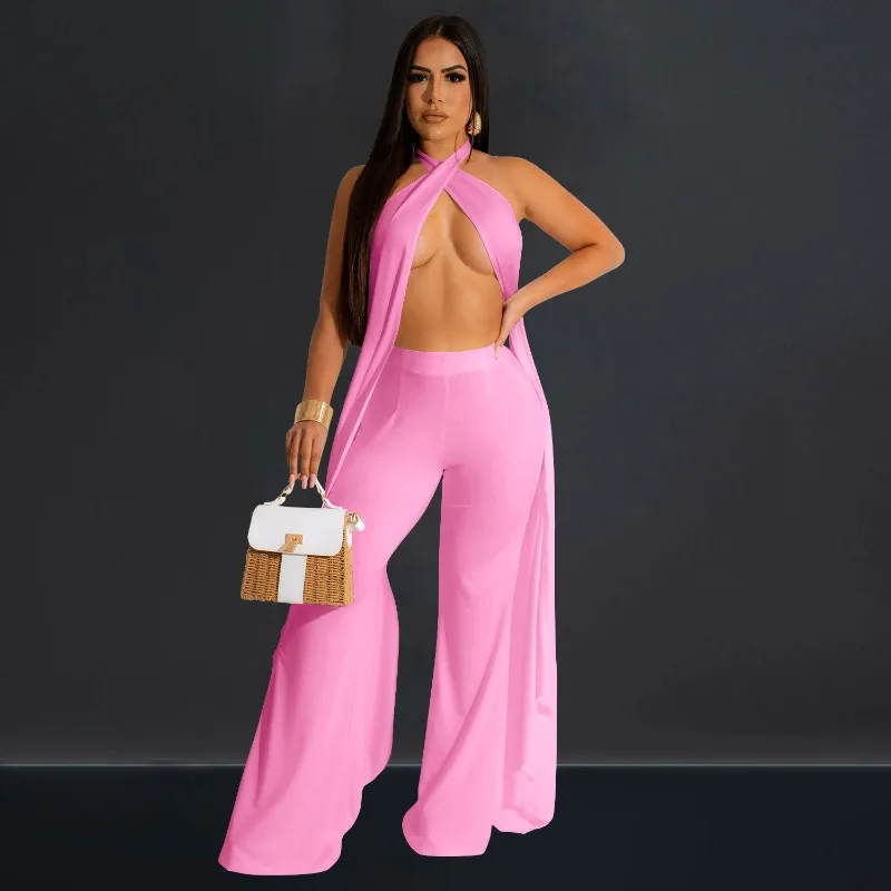 

WUHE Women's Set Sleeveless Backless Top + Wide Leg Pants 2024 Summer Street Two 2 Piece Sets Sexy Night Club Party Outfit