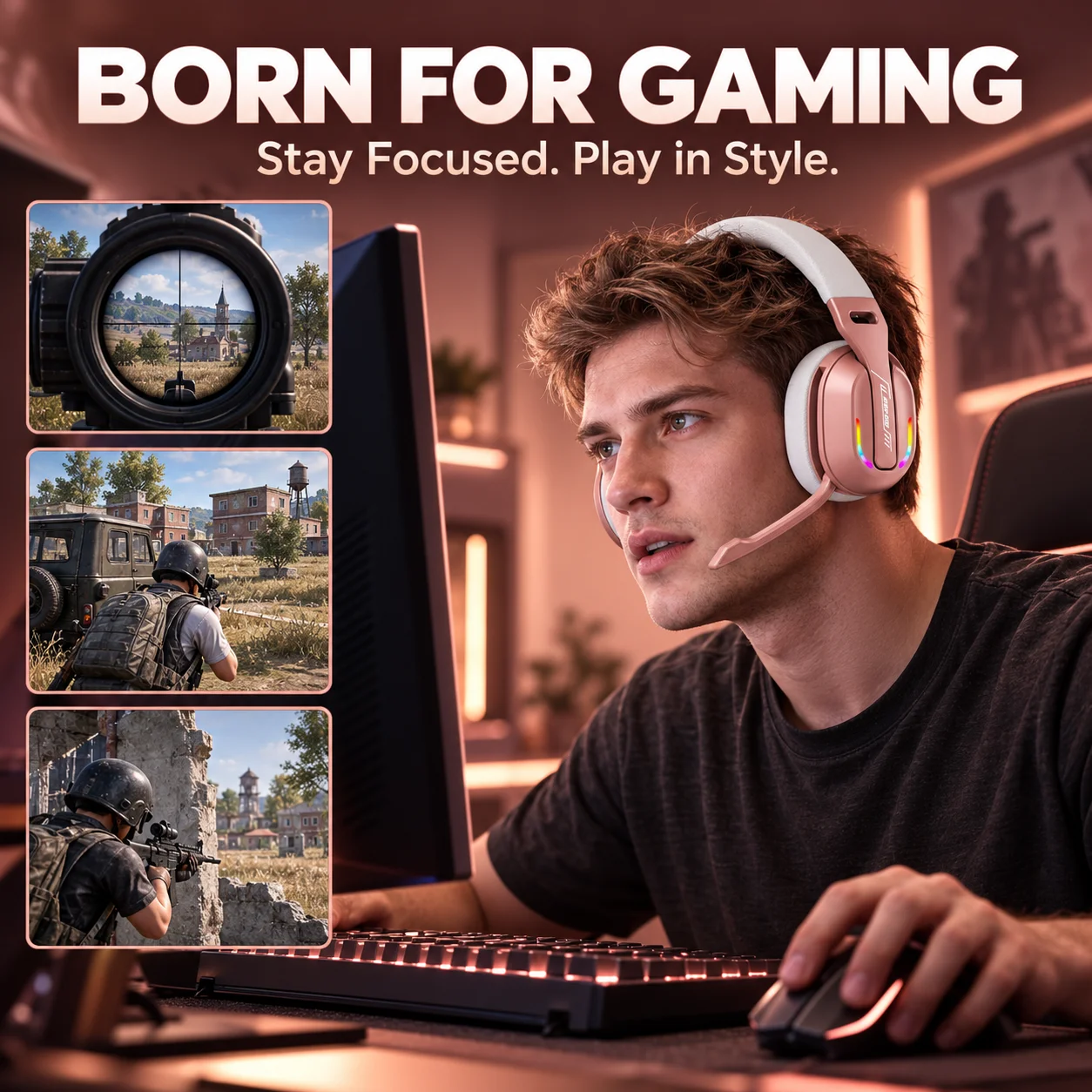 Enhanced Gaming Headset with RGB Lighting, Microphone, and Soft Ear Cushions in Rose Gold