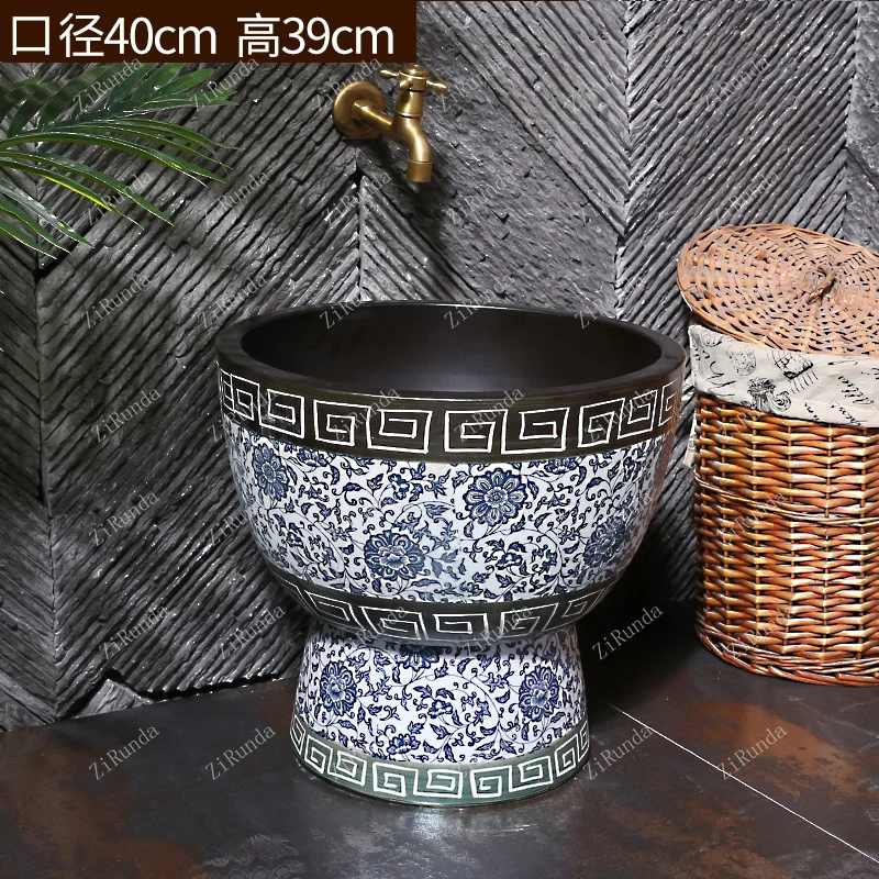 ~Blue and White Porcelain Art Mop Pool Ceramic Mop Sink Balcony Bathroom Geobasin Chinese Style Pool