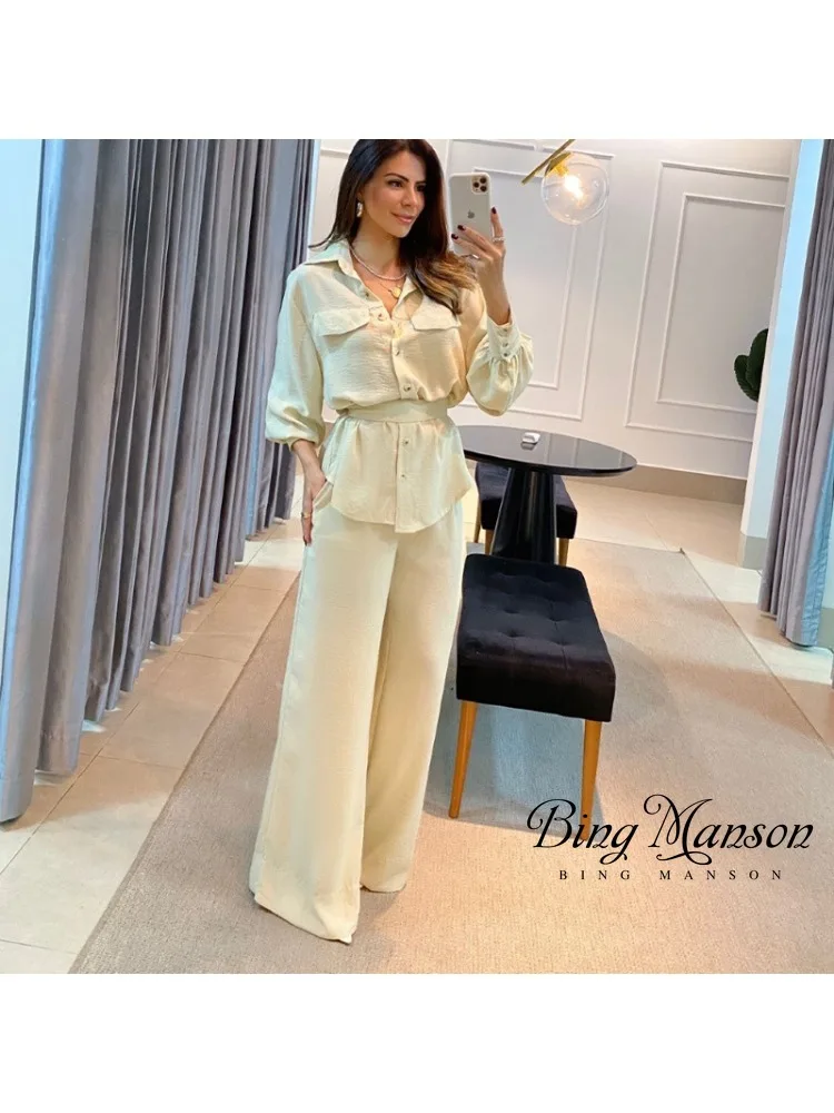 

2023 Autumn Fashion Women Two Piece Set Temperament Office Solid Lantern Sleeve Single breasted Shirt High Waist Wide Leg Pants