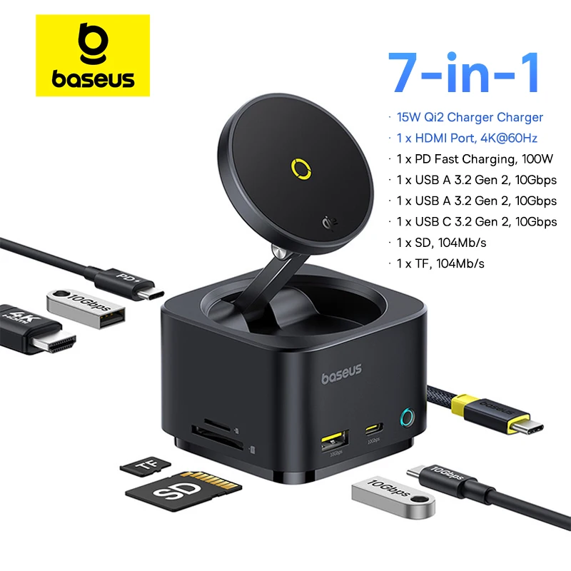 thumbnail image 1 of Cargador inalámbrico magnético Baseus para iPhone 16 15 Pro Max MagSafe Qi2 15W Fast PD Hub USB 4K 60Hz USB 3.1 SD TF Cargador de teléfono, 1 of 5