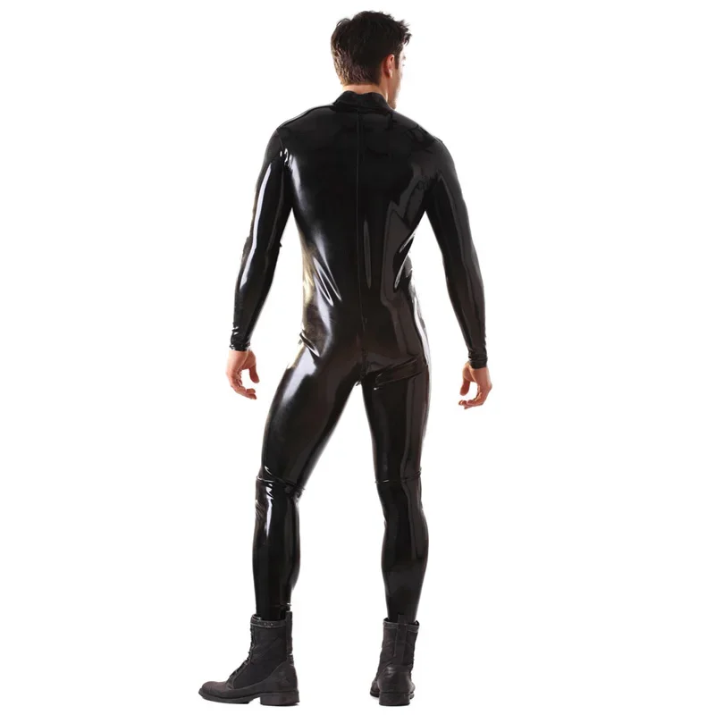 Plus Size S-6XL Men Wetlook PVC Bodycon Jumpsuit Front Zipper Zentai Long Sleeve Cosplay Catsuit Halloween Performance Costume