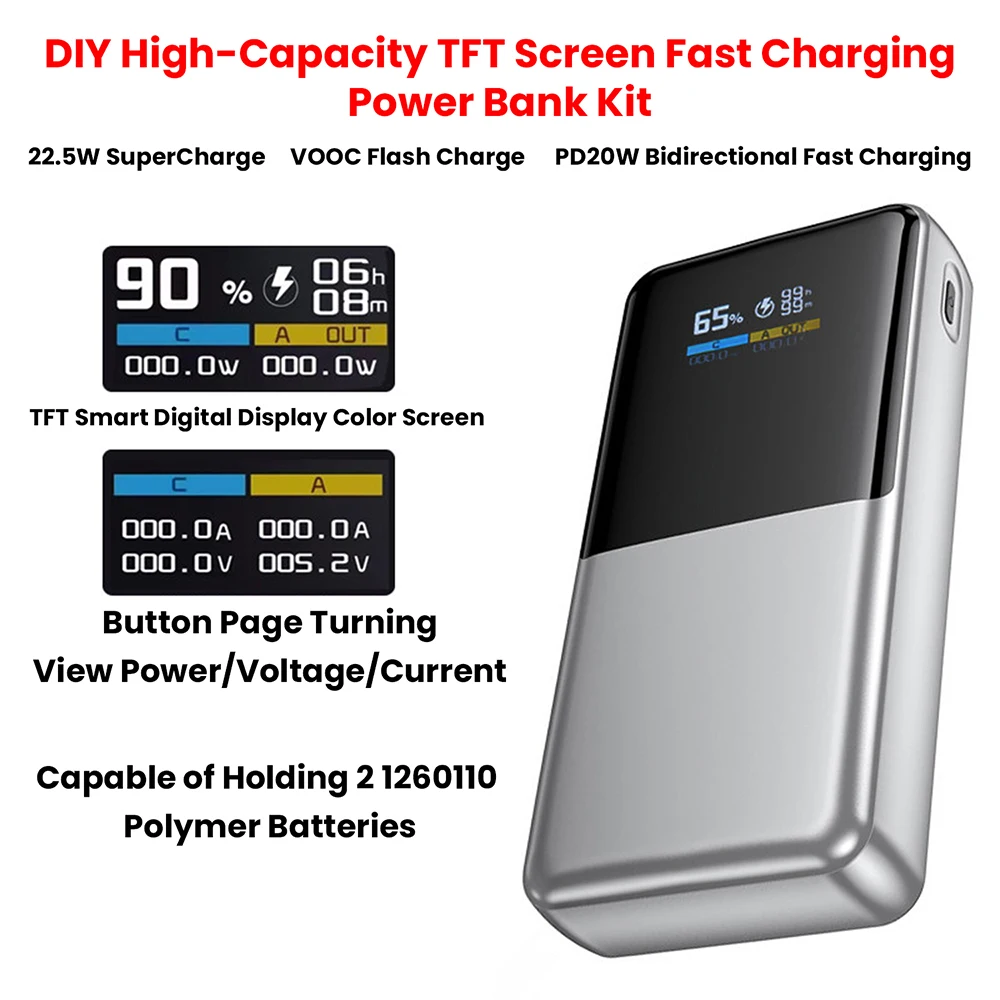 22.5W DIY 배터리 충전기 케이스 키트 2x1260110 폴리머 배터리 파워 뱅크 박스(TFT 컬러 디지털 디스플레이 포함) PD/QC/SCP 지원