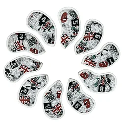 10Pcs Golf Iron Headcover UK Flag Skull With Number Tags Thick PU Artificial Leather Iron Club Head Cover