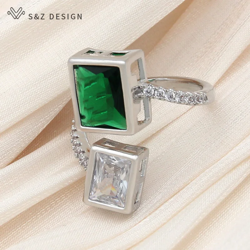 S&Z DESIGN New Fashion 585 Rose Gold Color Rectangle Cubic Zirconia Resizable Rings For Women Wedding Party Jewelry Gift