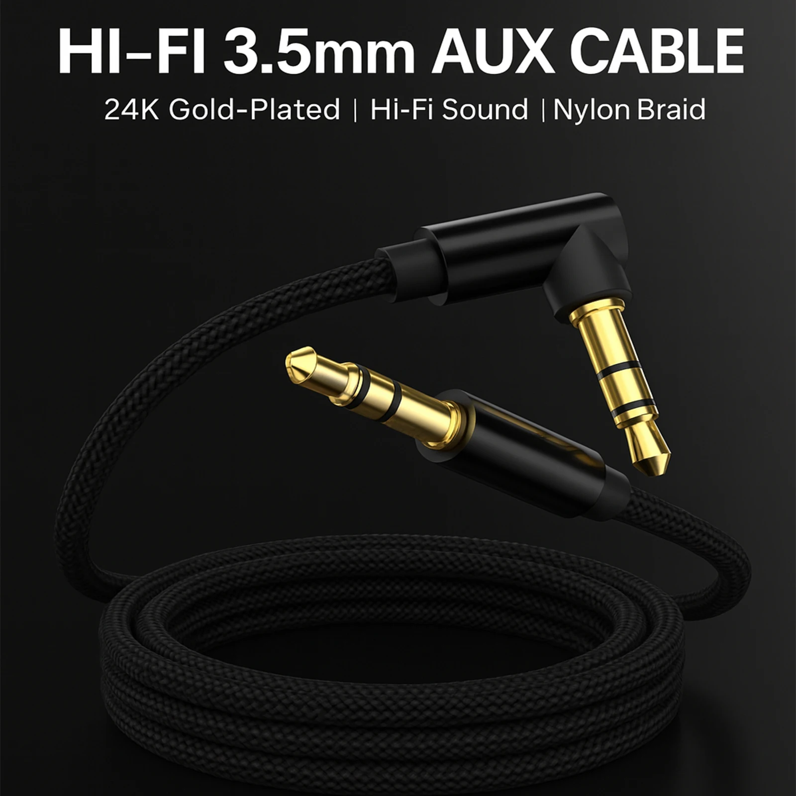 Durable 3.5mm AUX Audio Cable with Right-Angle Design and Braided Nylon Finish