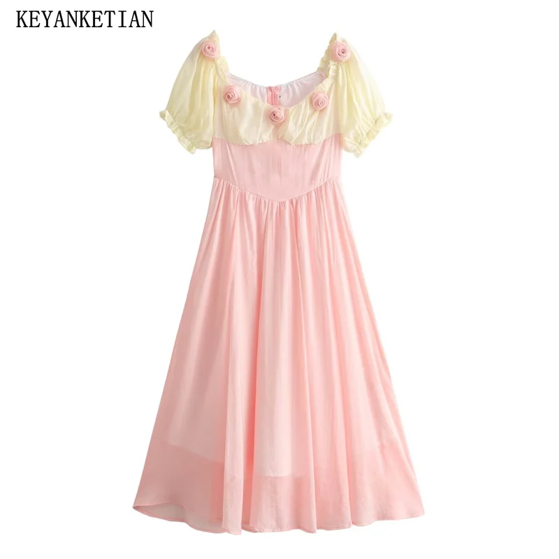 

KEYANKETIAN 2024 New Launch Women's Applique Decoration Slash neck Puff Sleeve Dresses High waist Patchwork A-line DressFairy