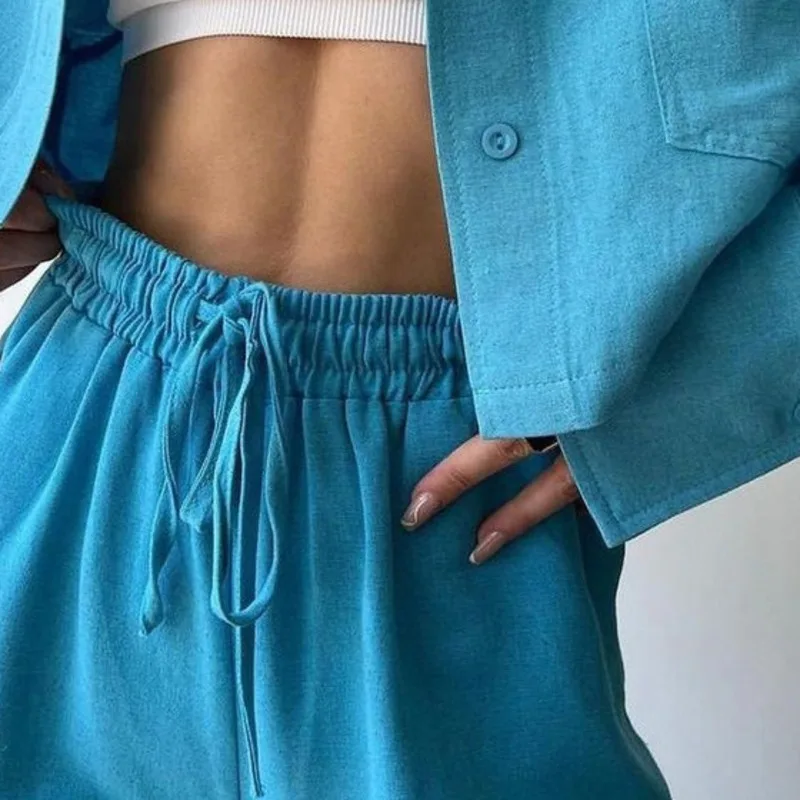 Spring Summer Autumn Monochrome Thin Long-sleeved Sports Casual Long-sleeved Shirt Two Sets of New Short Shirt Drawstring Pants