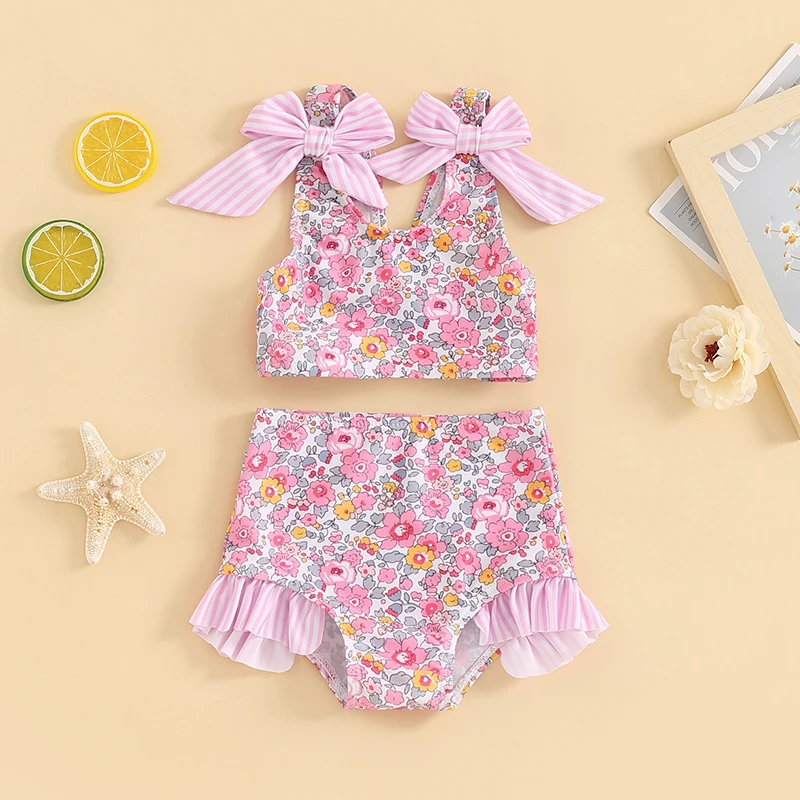 Girls Swimsuit Girl's Baby Swimsuit Set Sleeveless Flower Striped Bow Top Tassel Trimmed Swimming Shorts Beachwear 0-3T