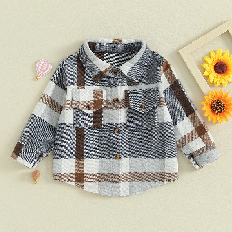 FOCUSNORM 0-4Y Toddler Kids Boys Girls Wool Jackets 3 Colors Long Sleeve Plaid Print Flannel Button Down Shirts Coats girls winter coat,girls outerwear,boys school hooded jacket