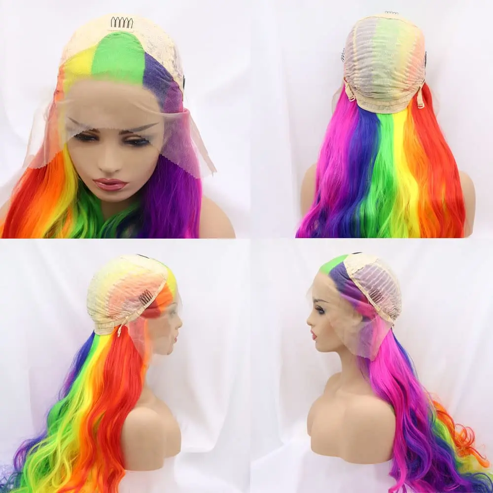 Melody Synthetic Wig Yellow to Purple Neon Green Mix Purple Pink Long Wave Lace Front Wig Natural Wavy Rainbow Hair