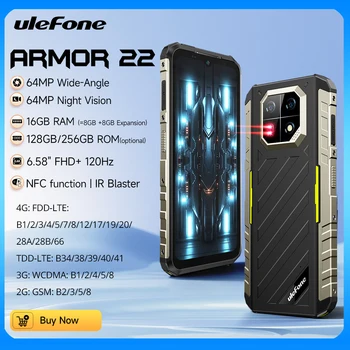 Ulefone Armor 22 Rugged Phone,16GB (8GB+8GB) RAM,128GB/256GB ROM, Android 14Smartphone,NFC 64MP Night Vision 4G Mobile Phone