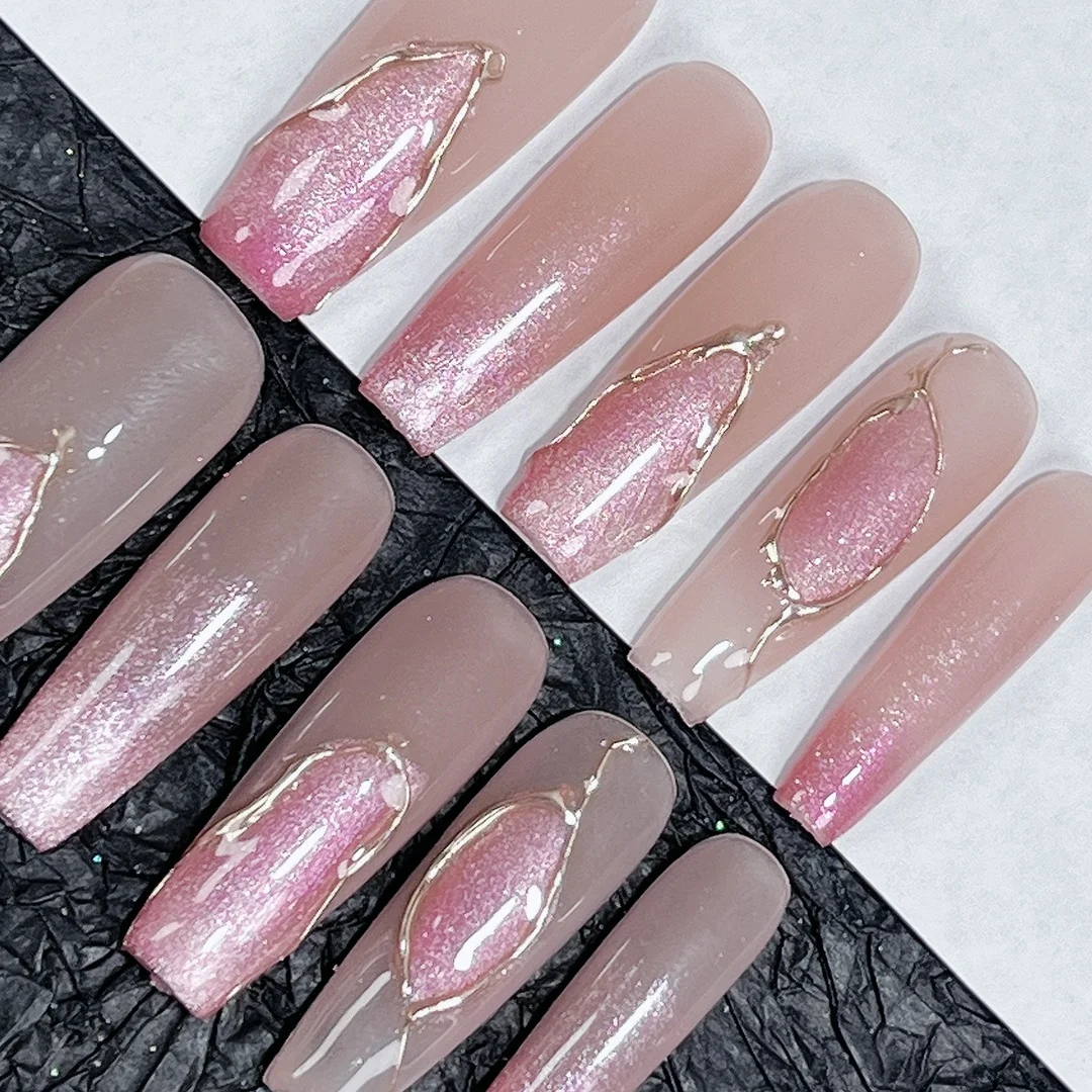 

Handmade Coffin Press on Nails Pink Korean Fairy Reusable Adhesive with Design Acrylic Full Cover Tips for Girls.No.19665