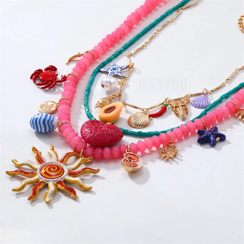 2025 New Colorful Resin Beaded Charms Necklaces for Women Summer Ocean Vacation Style Beach Party Jewelry Neck Accessories 3