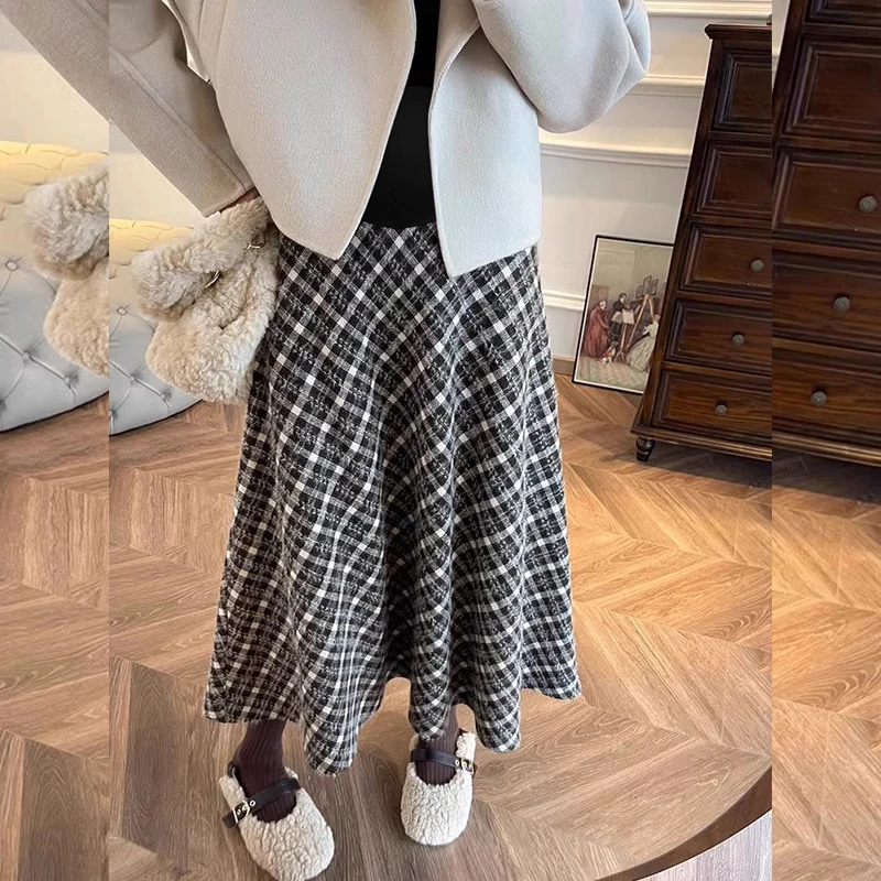 Winter Pregnant Woman Plaid Empire Skirt with Pockets Plus Size Large Hem Long Loose Maternity Belly Skirt Woolen Umbrella