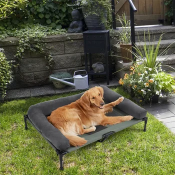 BINGOPAW Outdoor Elevated Dog Bed Cooling Raised Pet Lounger Bed Mesh Cot Sleep Camping Bed with Detachable Plush Bolster 4