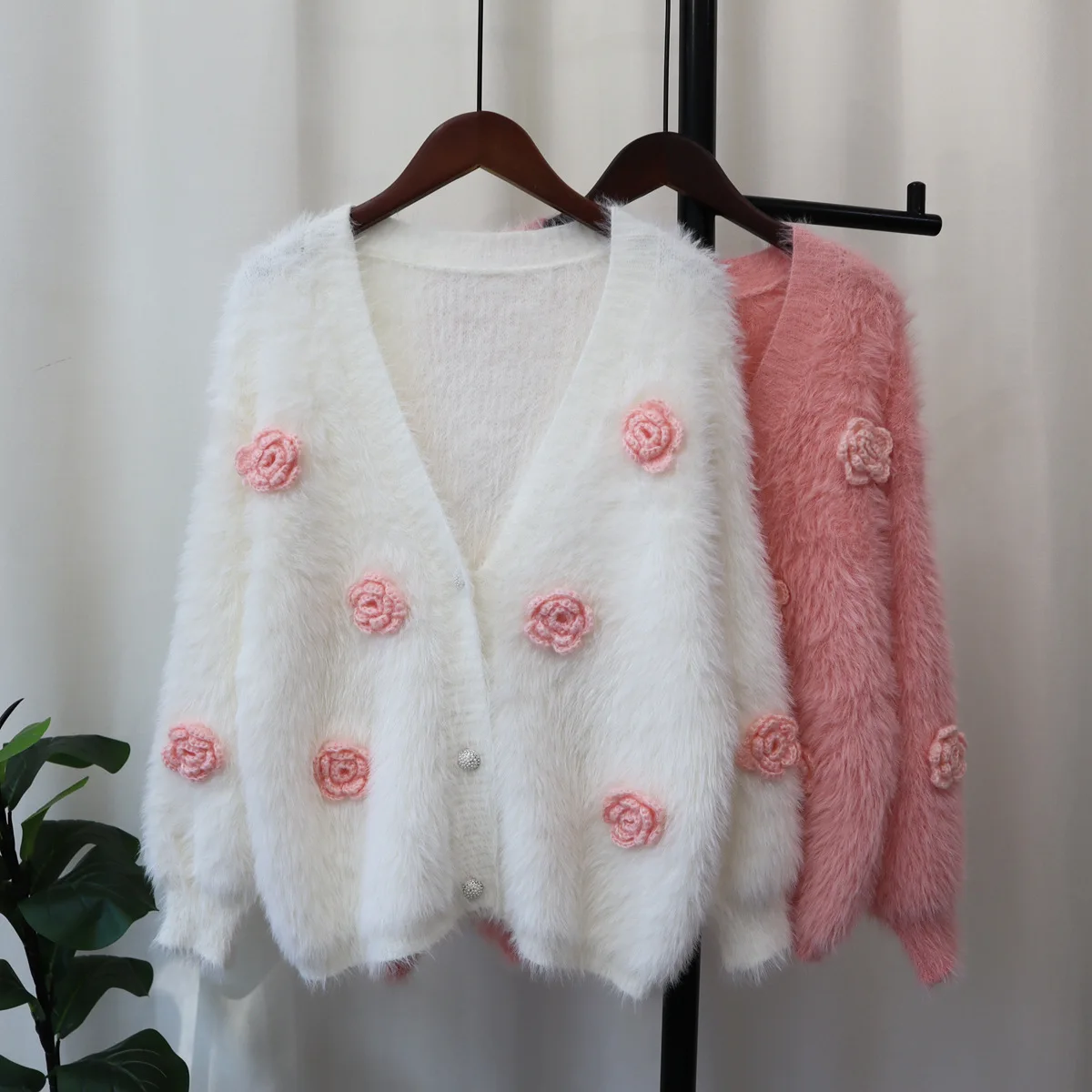 

Faux Mink Cashmere Cardigans Women Elegant Loose Knitted Jackets Autumn Winter Female Floral Jacquard White Sweaters Coats