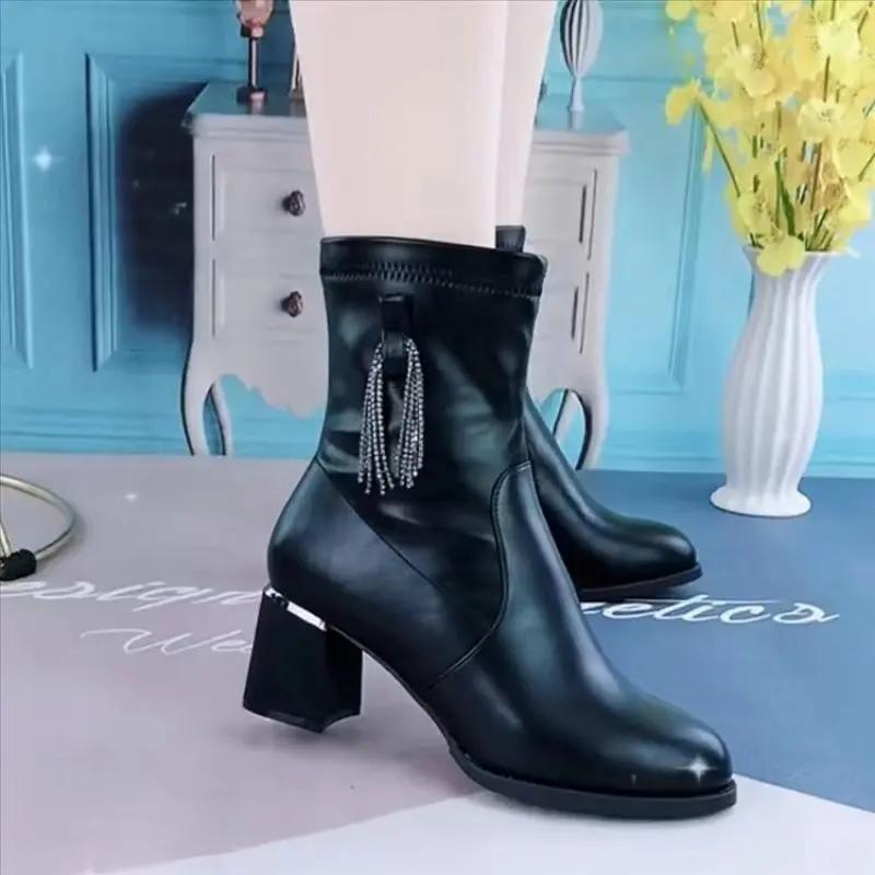Spring Genuine Leather Women Chelsea Boots Pointed Toe High Heels Women Boots Zipper Ankle Boots For Women 2023 Cowhide Shoes 42